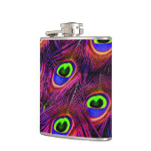 Pinkfarbene und lila Pfauenfederstruktur Flachmann (Links)