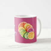 Pinkfarbene Zitrusfrucht Be Fruity Kaffeetasse (VorderseiteRechts)