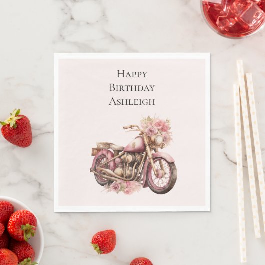 Pinkfarbener Blumen-Motorrad-Geburtstag Serviette (Beispiel)