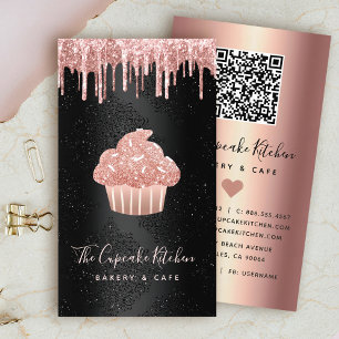 Pinkfarbener Cupcake Glittertropfen QR-Code Bakery Visitenkarte