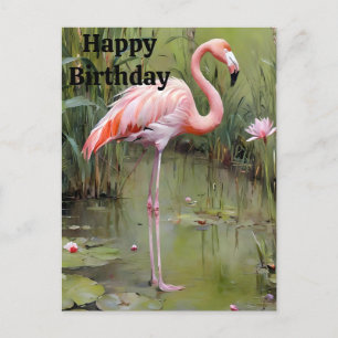 Pinkfarbener Flamingo im Teich, Geburtstagskarte Postkarte