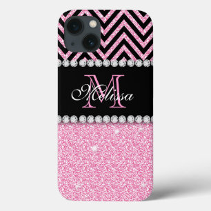 PINKFARBENER GLITZER SCHWARZES CHEVRON-MONOGRAMM Case-Mate iPhone HÜLLE