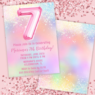 Pinkfarbener Regenbogen 7. Geburtstag Einladung