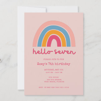 Pinkfarbener Regenbogen Hello Seven Mädchen 7. Geb Einladung
