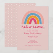Pinkfarbener Regenbogen Hello Seven Mädchen 7. Geb Einladung (Vorne/Hinten)