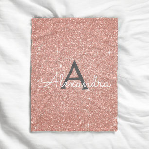 Pinkfarbener Roségold Glitter Monogramm Name Fleecedecke