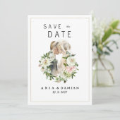 Pinkfarbenes Blumenpaar Save the Date Foto Einladung (Stehend Vorderseite)