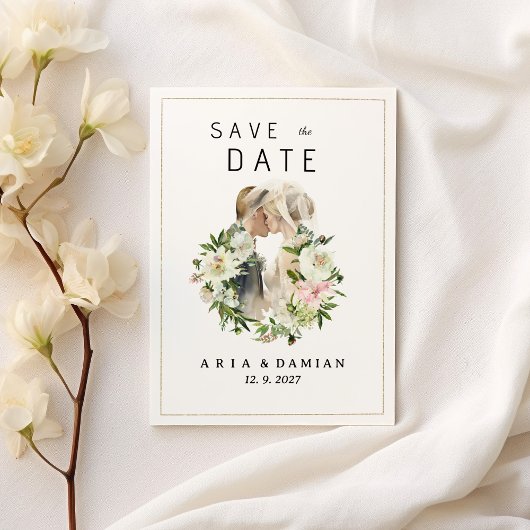 Pinkfarbenes Blumenpaar Save the Date Foto Einladung