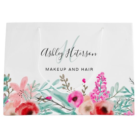 Pinkfarbenes, florales, mit Monogramm Make-up Große Geschenktüte (Vorderseite)