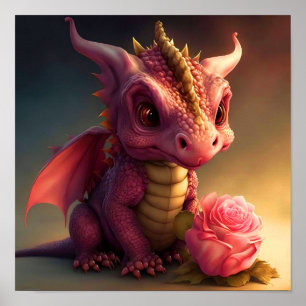 Pinkie - Rosa Drache mit einer Rose Poster Art