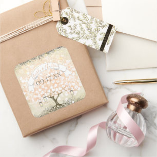 Pinkish Coral Swirl Heart Leaf Tree Wedding Siegel Quadratischer Aufkleber