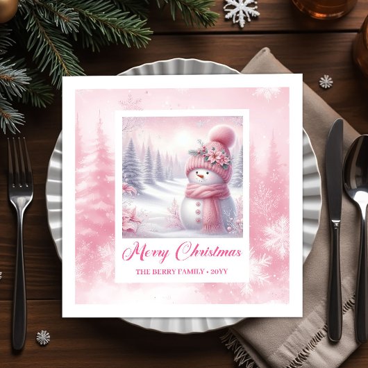 Pinkmas Snowman Christmas Scene Napkins Winter  Serviette
