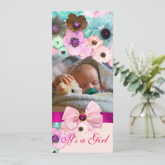 PINKROSEN UND BOW, BABYSHOWFOTOVORLAGE EINLADUNG (Stehend Vorderseite)