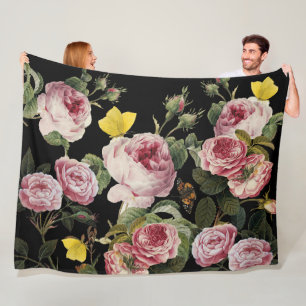 PINKROSEN UND GELBE SCHALTFLÄCHEN Schwarze Blüte Fleecedecke