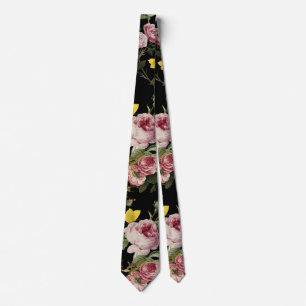 PINKROSEN UND GELBE SCHALTFLÄCHEN Schwarze Blüte Krawatte