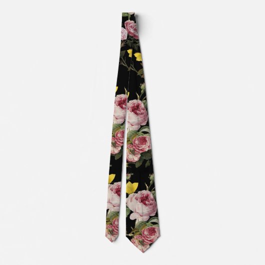 PINKROSEN UND GELBE SCHALTFLÄCHEN Schwarze Blüte Krawatte (Rückseite)