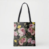 PINKROSEN UND GELBE SCHALTFLÄCHEN Schwarze Blüte Tasche (Vorderseite)