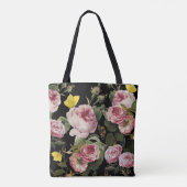 PINKROSEN UND GELBE SCHALTFLÄCHEN Schwarze Blüte Tasche (Rückseite)