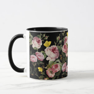 PINKROSEN UND GELBE SCHALTFLÄCHEN Schwarze Blüte Tasse
