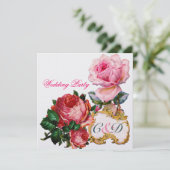 PINKROSEN UND SCHNITTLICHES HERZWÄSCHMONOGRAMM EINLADUNG (Stehend Vorderseite)