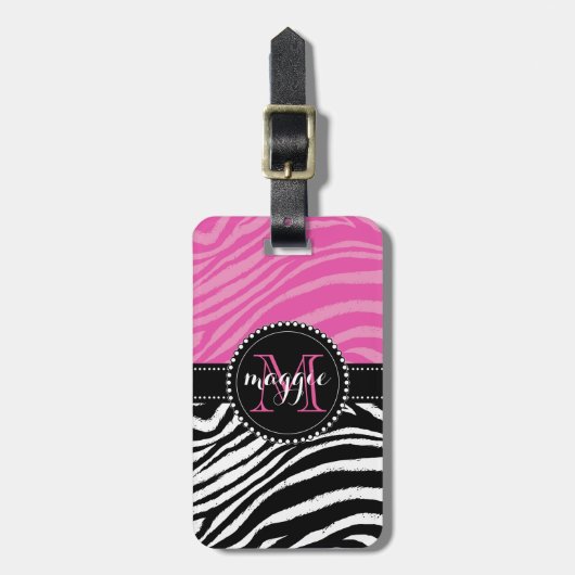 Pinku. Schwarzeszebra-Druck-Monogramm girly2 Gepäckanhänger (Vorderseite vertikal)