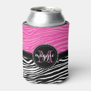 Pinku. Schwarzeszebra-Druck-Monogramm-Muster Dosenkühler