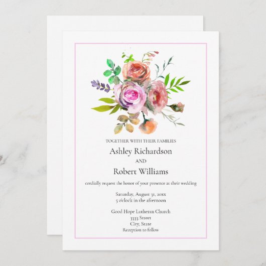 PinkWatercolor-Blumenzehen Einladung (Vorne/Hinten)