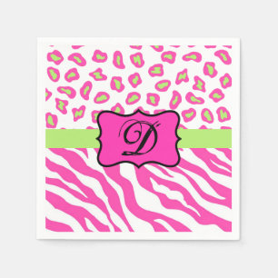 Pinkweiße Zebra-Leopard-Haut-Monogramm-Initiale Serviette