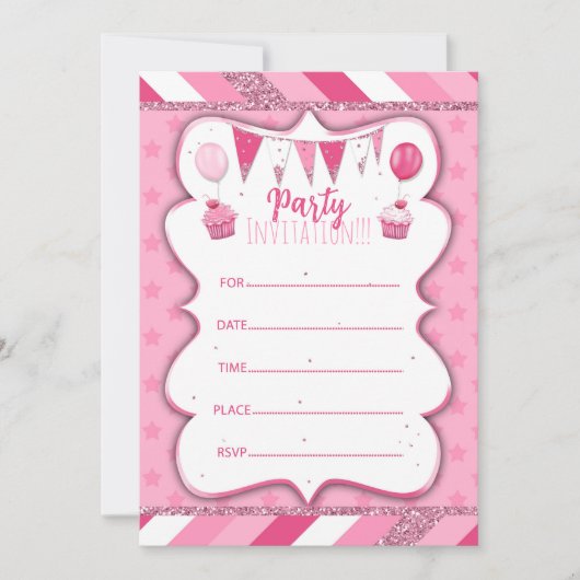 Pinky Party Einladung für Mädchen per Hand zu schr (Vorderseite)