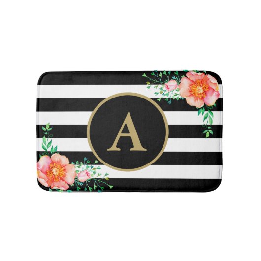 Pinl Floral Bold Schwarz-weiß Stripe Gold Monogram Badematte (Vorderseite)