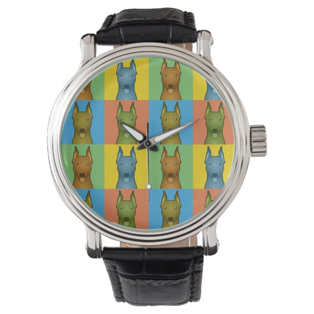 Pinscher Dog Cartoon Pop-Art Armbanduhr (Vorderseite)