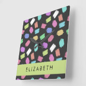 Pinsel, farbenfrohe Pinselstriche, Ihr Name Quadratische Wanduhr (Winkel)