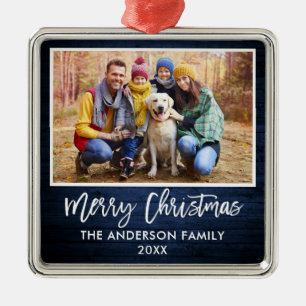 Pinsel Schrift Blau Holz Familie Frohe Weihnachten Ornament Aus Metall