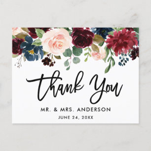 Pinsel Schrift Burgunder Blau Floral Hochzeit Dank Postkarte