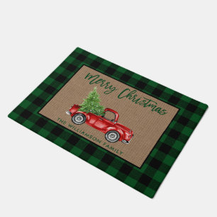 Pinsel Schrift Grün Kariert Jute Weihnachts-LKW Fußmatte