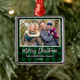 Pinsel Schrift Grüner Karierter Frohe Weihnachten Ornament Aus Metall