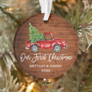 Pinsel Schrift Holz Vintage LKW Erstes Weihnachten Ornament