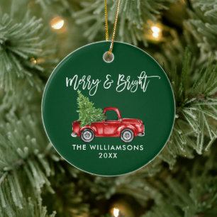 Pinsel Schrift Merry Bright Vintage LKW Grün Keramik Ornament
