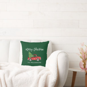 Pinsel Schrift Vintage LKW Weihnachtsbaum Grün Kissen