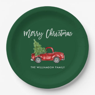 Pinsel Schrift Vintage roter LKW Weihnachten Grün Pappteller