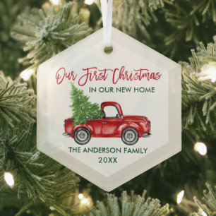 Pinsel Schrift Weihnachten Neues Zuhause Rotes Las Ornament Aus Glas