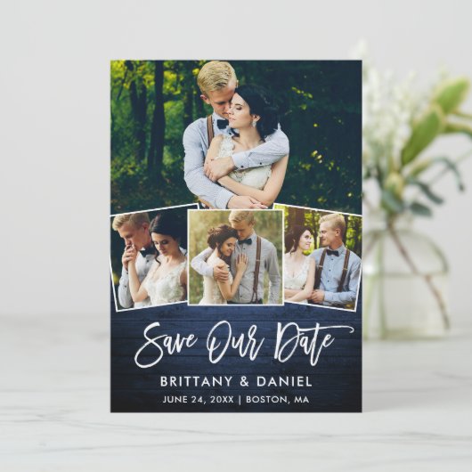 Pinsel Script Blue Wood 4 Foto Rettete Unsere Datu Save The Date (Stehend Vorderseite)