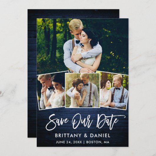 Pinsel Script Blue Wood 4 Foto Rettete Unsere Datu Save The Date (Vorne/Hinten)