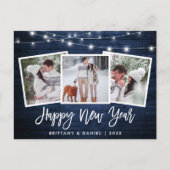 Pinsel Script Blue Wood Lights 3 Foto Neujahr Postkarte (Vorderseite)