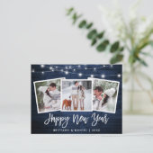 Pinsel Script Blue Wood Lights 3 Foto Neujahr Postkarte (Stehend Vorderseite)
