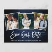 Pinsel Script Blue Wood Rettete Unser Date 3 Foto Postkarte (Vorderseite)