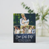 Pinsel Script Blue Wood Rettete Unser Date 4 Foto Postkarte (Stehend Vorderseite)