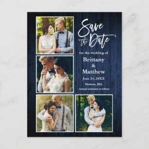 Pinsel Script Blue Wood Save the Date 4 Foto Postkarte