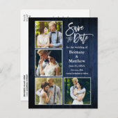 Pinsel Script Blue Wood Save the Date 4 Foto Postkarte (Vorne/Hinten)