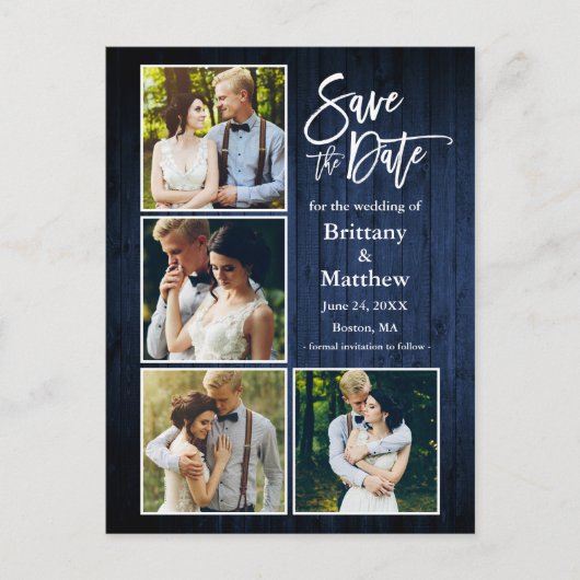 Pinsel Script Blue Wood Save the Date 4 Foto Postkarte (Vorderseite)